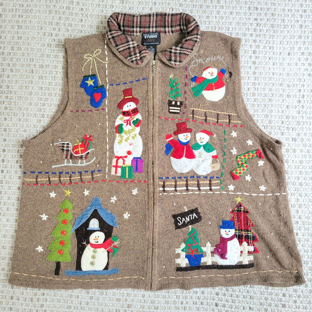 Womens 2X Vintage Christmas Vest Ugly Sweater Brown Knit Snowman Wool Blend